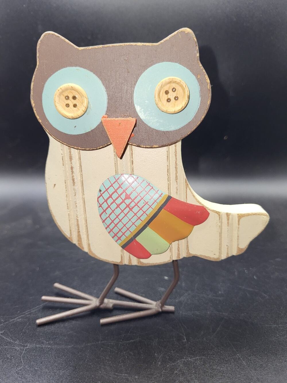 Wooden Owl Decor Button Eyes Handmade Bird Upright Boho Country Chic Cute 6"